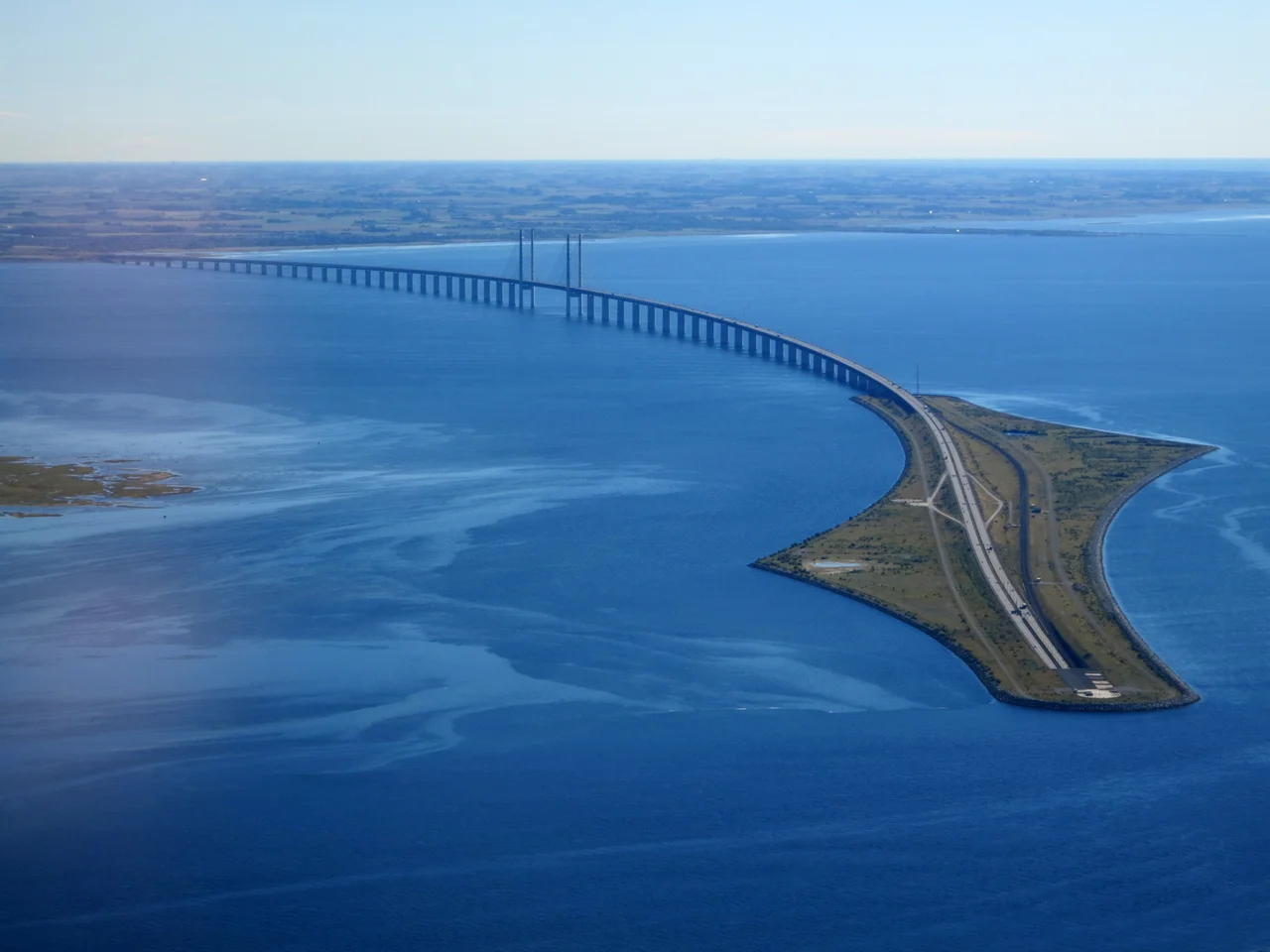 Øresund Bridge viewed from a plane taking off from Copenhagen Airport