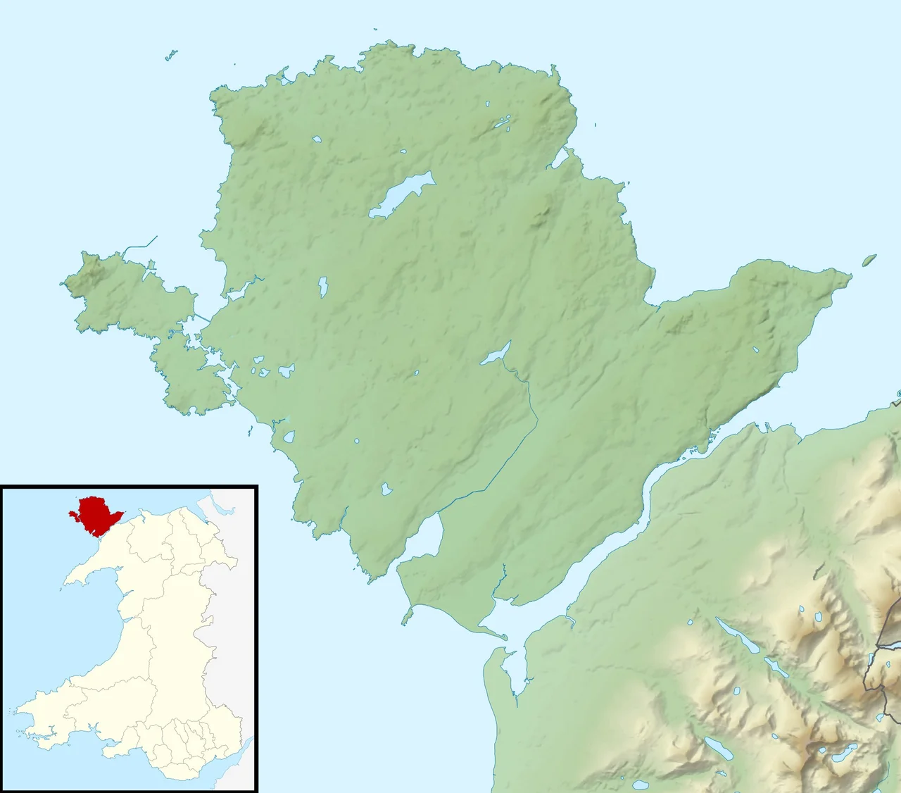 Relief map of Anglesey, UK.
Equirectangular map projection on WGS 84 datum, with N/S stretched 165%
Geographic limits:

West: 4.75W
East: 4.00W
North: 53.45N
South: 53.05N