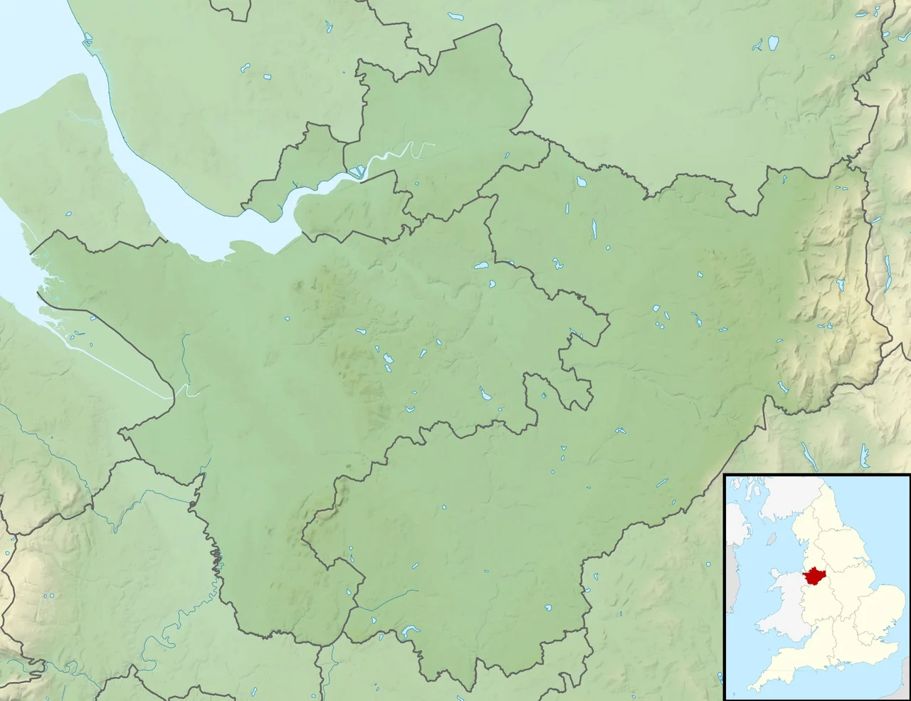 Relief map of Cheshire, UK.
Equirectangular map projection on WGS 84 datum, with N/S stretched 165%
Geographic limits:

West: 3.15W
East: 1.95W
North: 53.50N
South: 52.94N