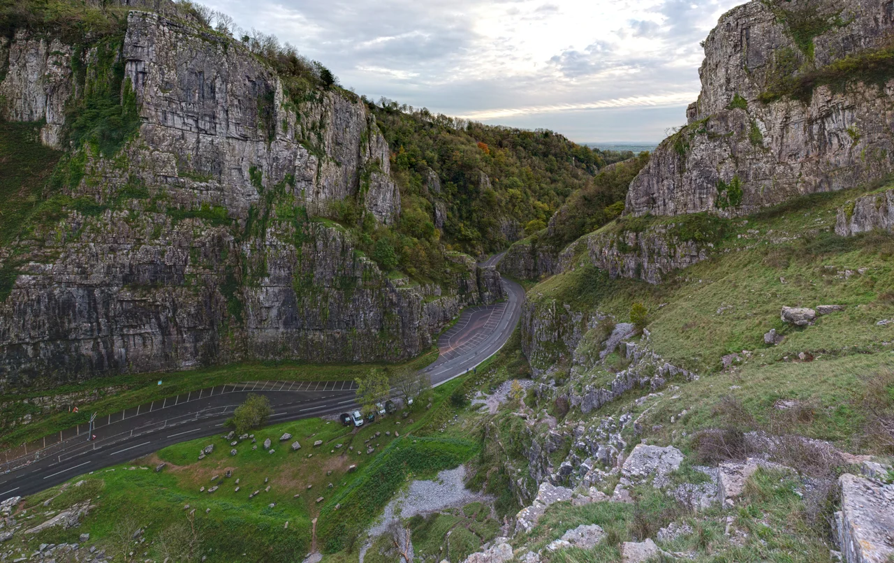 A panoramic view of Cheddar Gorge in Somerset, UK.