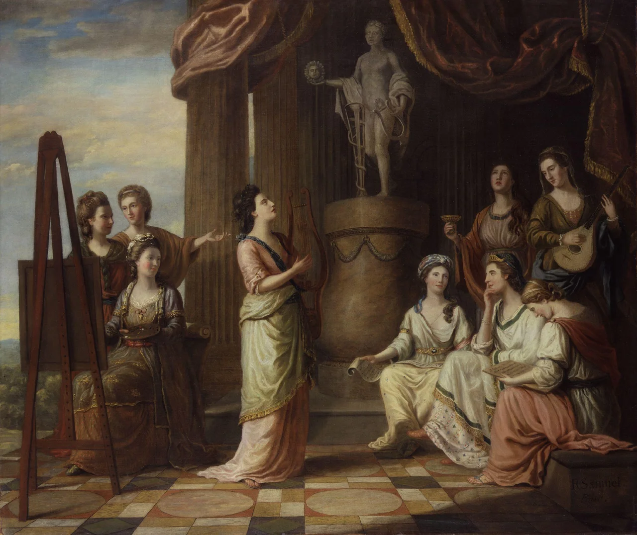 Left to right, standing: Elizabeth Carter, Anna Barbauld, Elizabeth Sheridan (née Linley), Hannah More and Charlotte Lennox.
Left to right, seated: Angelica Kauffman, Catharine Macaulay, Elizabeth Montagu and Elizabeth Griffith