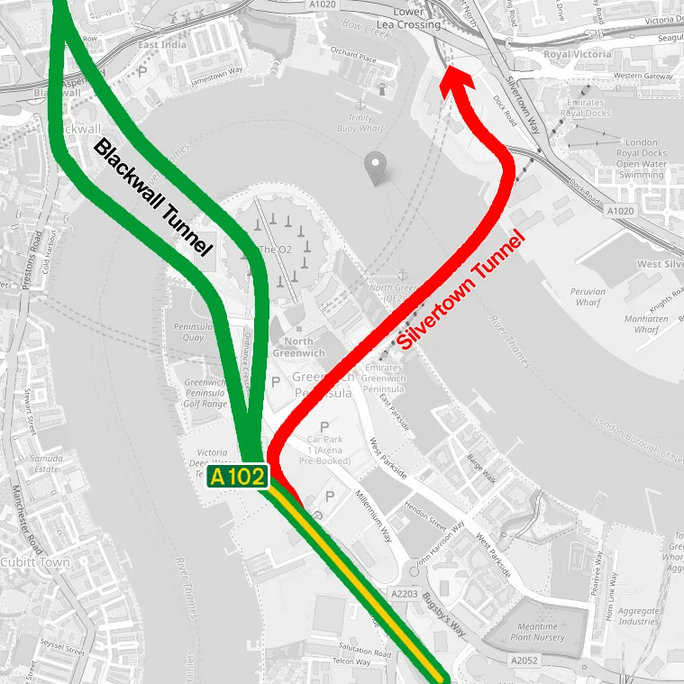Map of the planned Silvertown Tunnel in London, UK