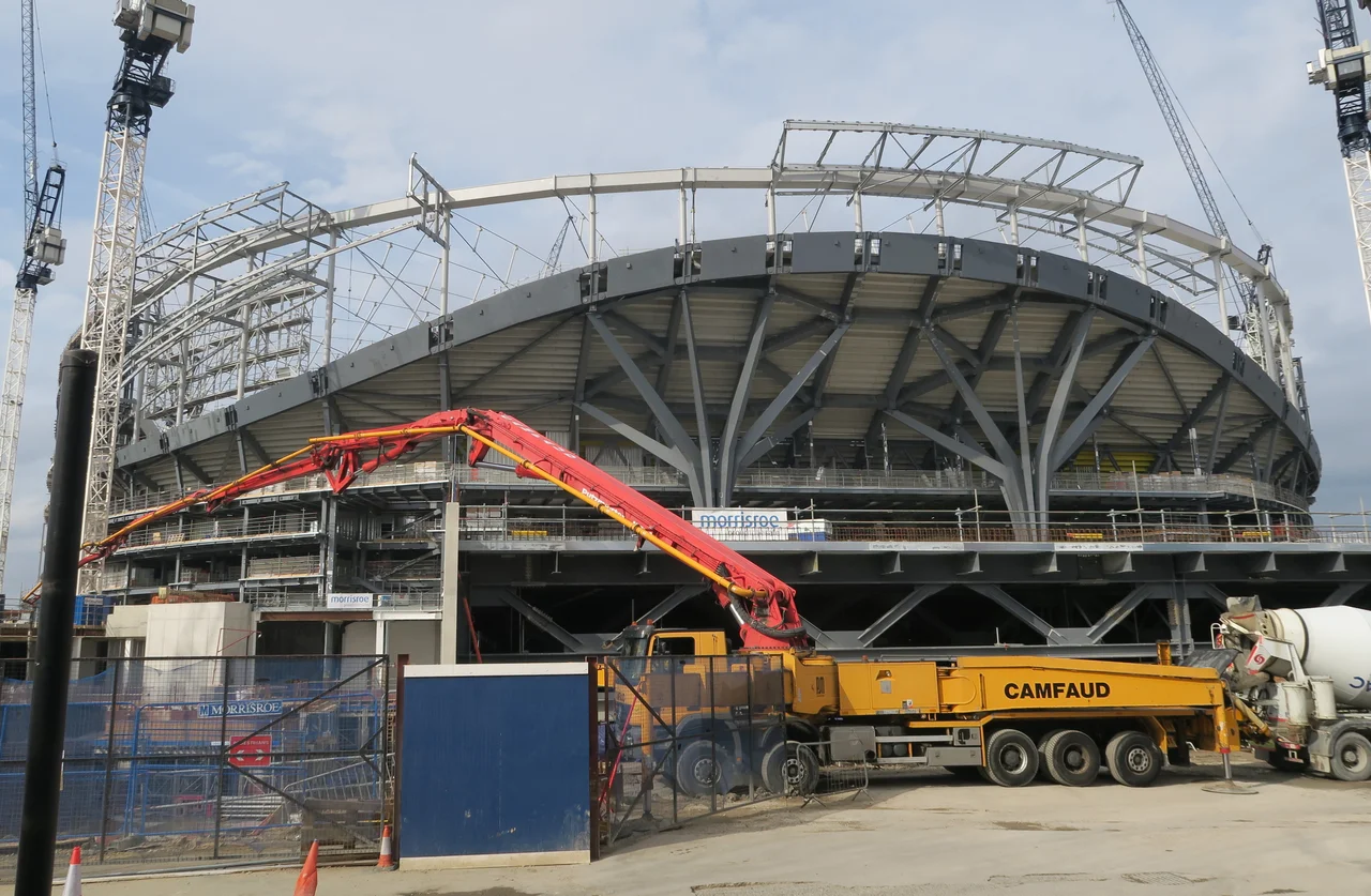 Construction of Tottenham Hotspur new stadium in April 2018.  View from Park Lane. Tension ring  and roof cable structure installed.