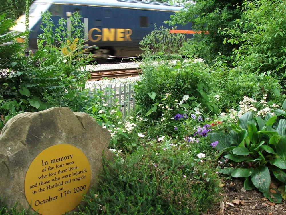 The memorial garden created alongside the East Coast Main Line for those who died in the Hatfield train crash.