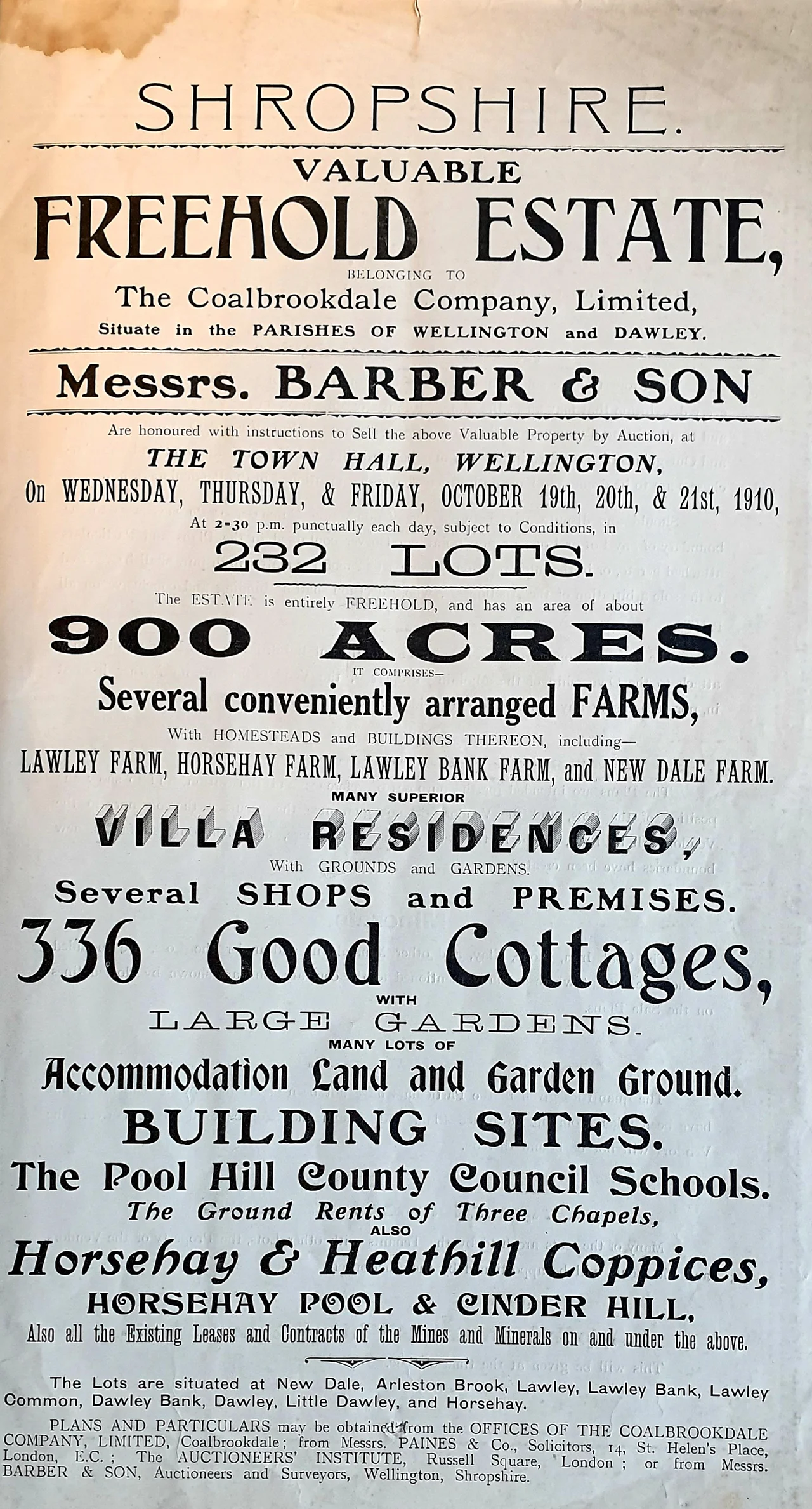 Poster for an auction held by Messrs. Barber &amp; Son on behalf of the the Coalbrookdale Company in 1910.