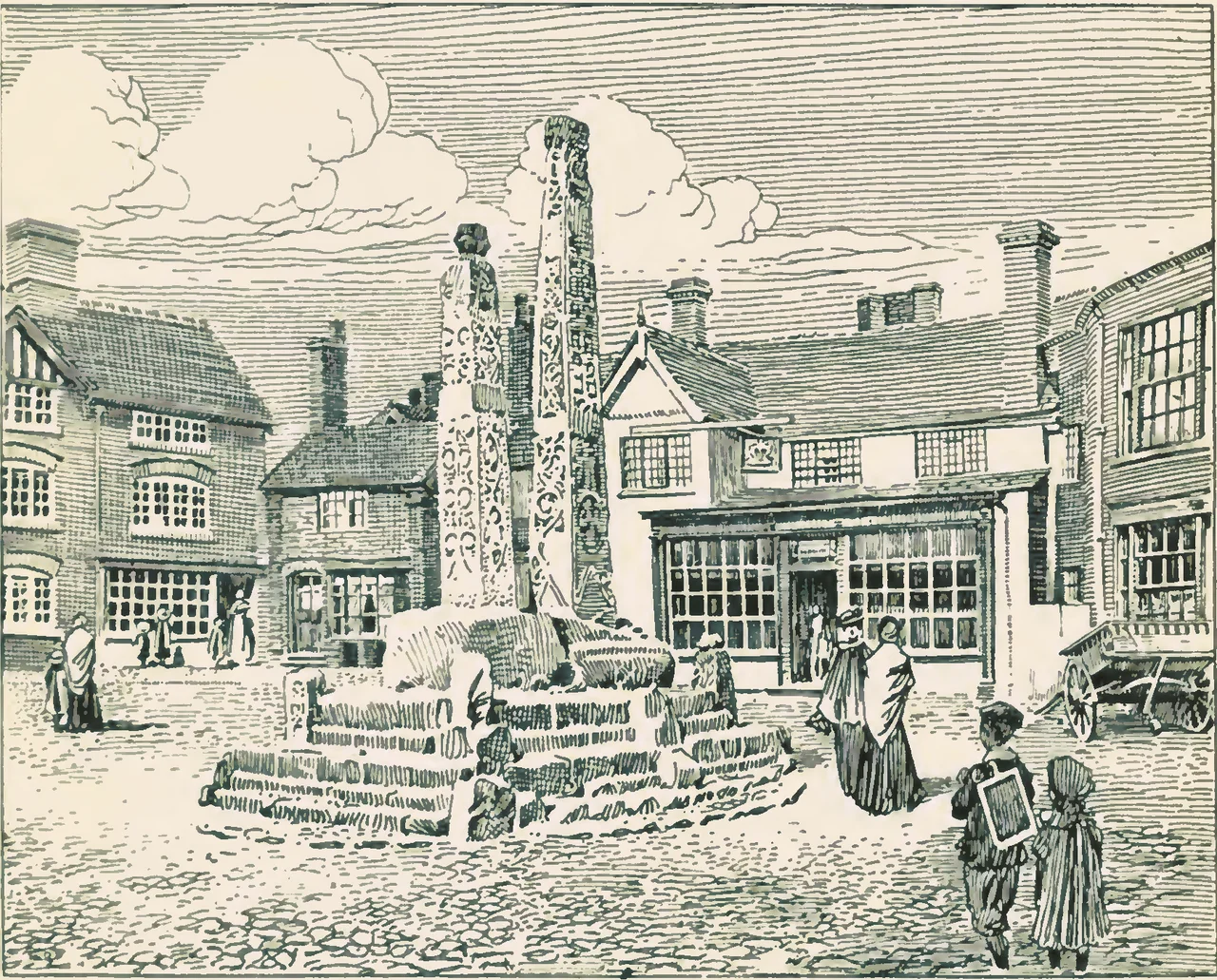 Sandbach Crosses c.1903, illustrated by English artist Roger Oldham (1871 - 1916)[1], from the book Picturesque Cheshire (1903) by Thomas Alfred Coward (1867-1933), page 322.