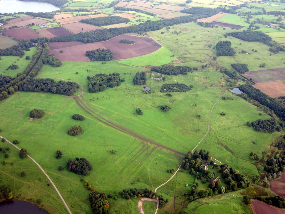 Aerial view of Tatton Park looking northwest over the wartime parachutist landing area