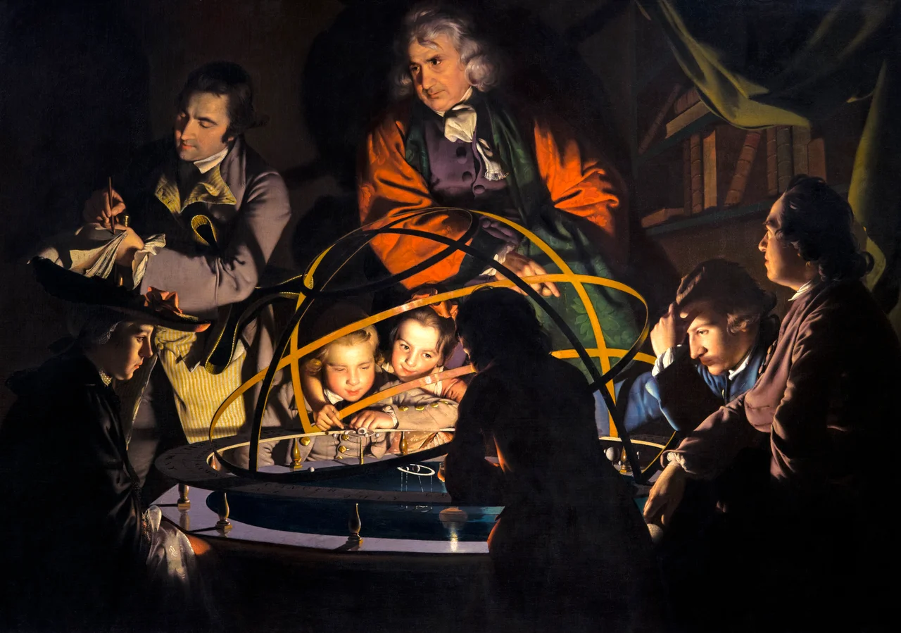 A public lecture about a model solar system, with a lamp—in place of the sun—illuminating the faces of the audience. .