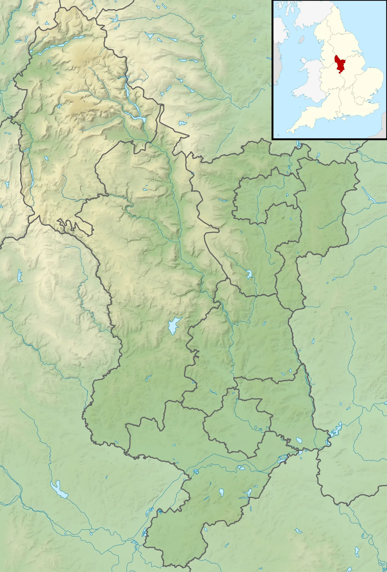 Relief map of Derbyshire, UK.
Equirectangular map projection on WGS 84 datum, with N/S stretched 165%
Geographic limits:

West: 2.06W
East: 1.10W
North: 53.55N
South: 52.69N