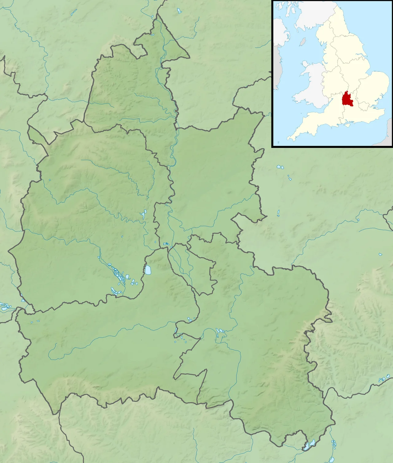 Relief map of Oxfordshire, UK.
Equirectangular map projection on WGS 84 datum, with N/S stretched 160%
Geographic limits:
West: 1.74W
East: 0.72W
North: 52.19N
South: 51.44N