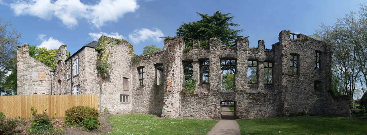 Cavendish House, Abbey Park, Leicester. A Scheduled Monument and Grade I listed building. Note that this is a panoramic image presented in cylindrical perspective, which causes considerable distortion of some straight lines and angles