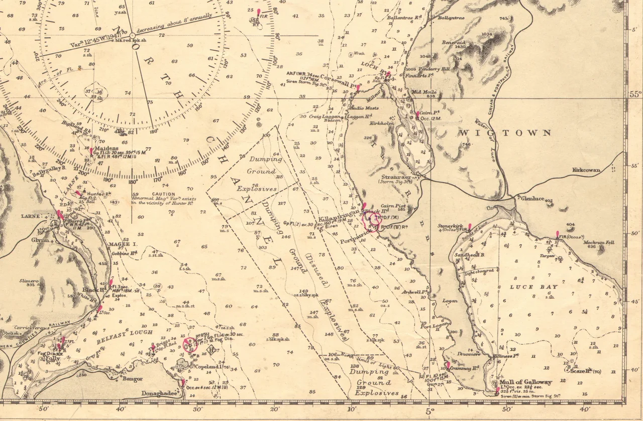 Northern end of Beaufort's Dyke between Scotland and Ireland, highlighted in blue.