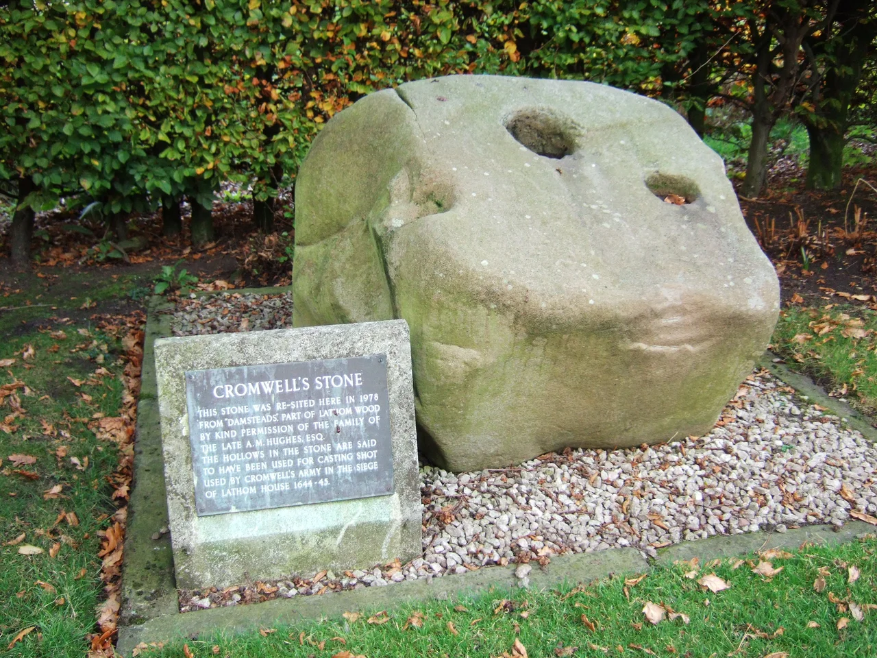 Cromwell's Stone, situated in the grounds of Lathom Park Chapel, in Lathom, Lancashire, England.