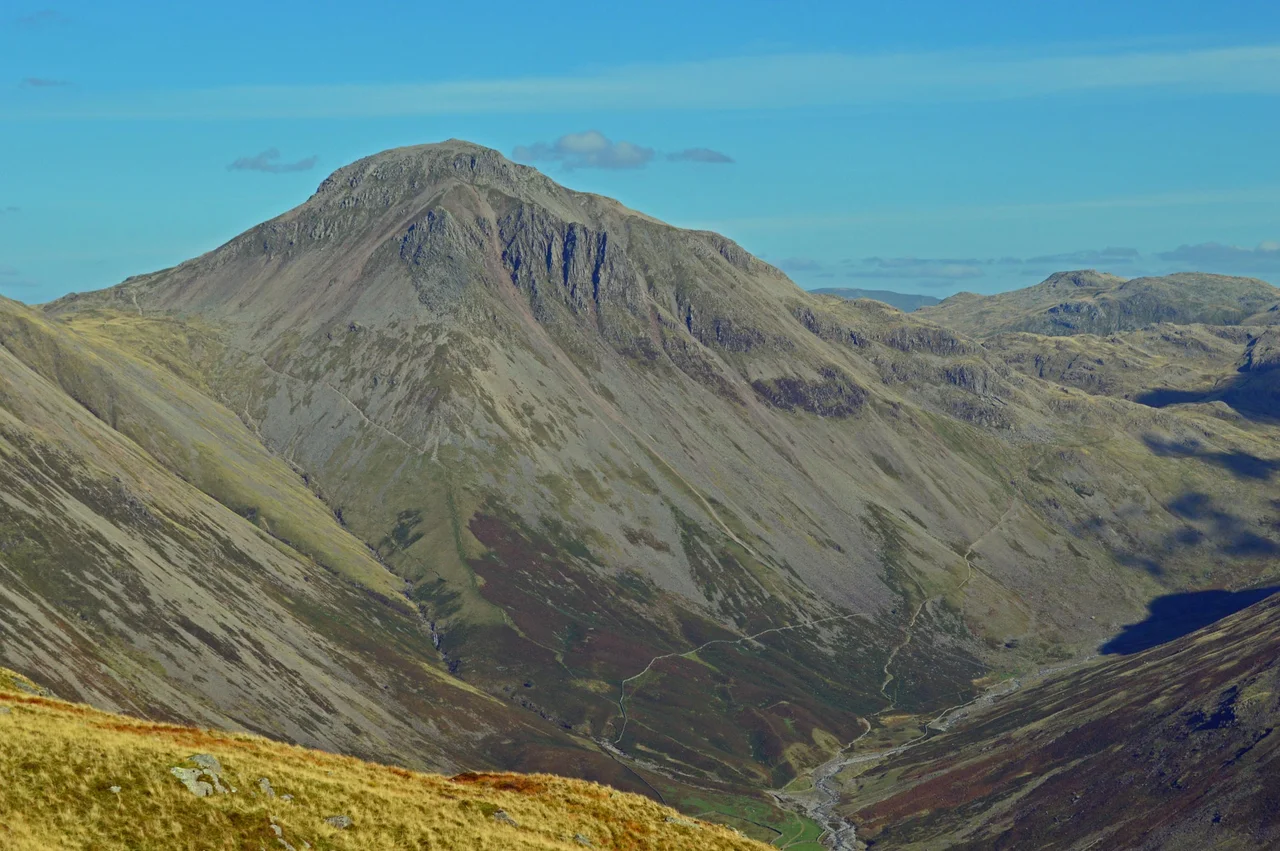 Overall view from Yewbarrow showing Great Gable with Beck Head col on left and and Sty Head pass on right.