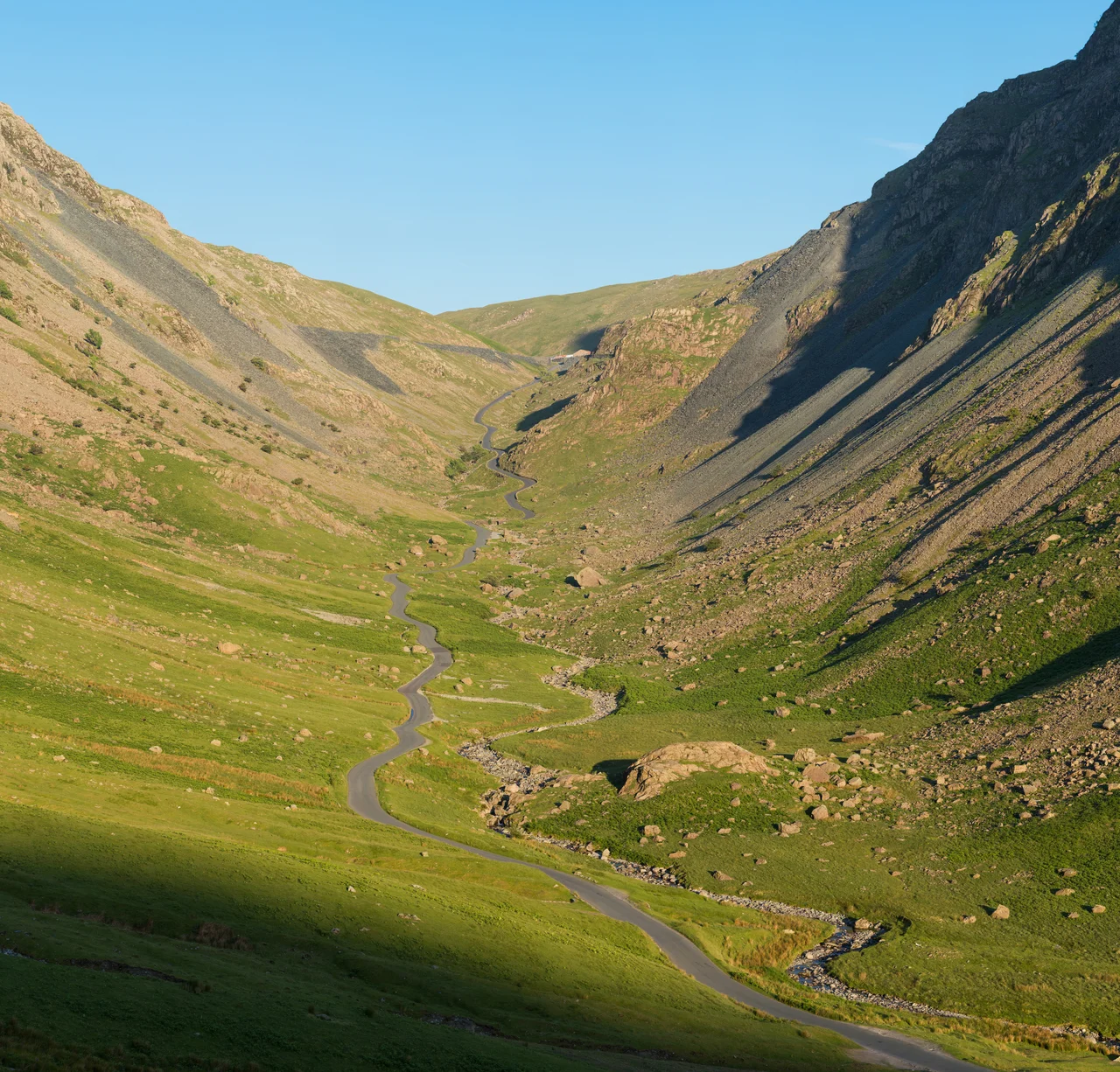 Honister Pass as viewed looking south-east towards the slate mine at the top.