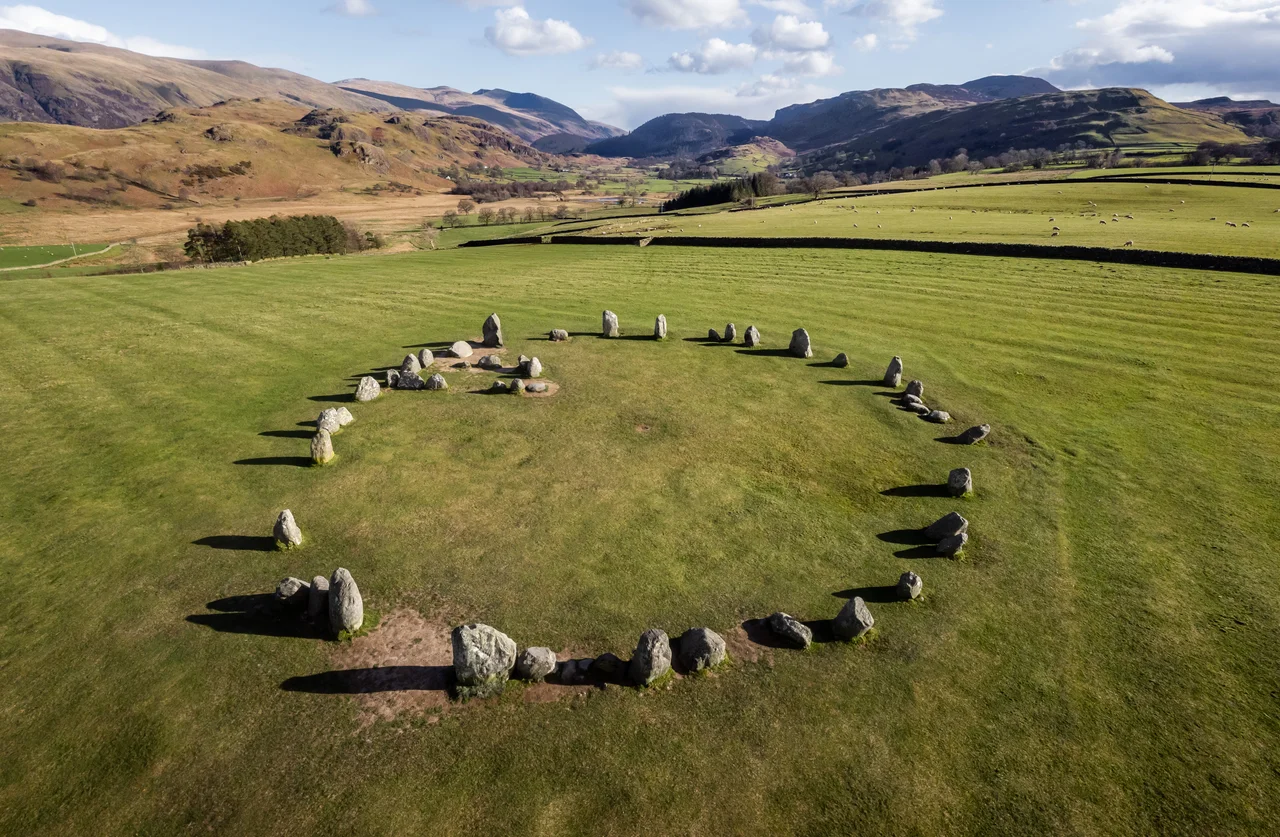Castlerigg Stone Circle as seen from the sky to the north, looking towards the Thirlmere Valley