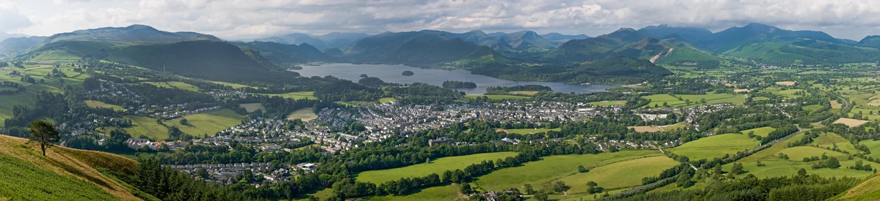 A 2 x 16 segment panorama of Keswick, Cumbria, England, as viewed from Latrigg north of the town.