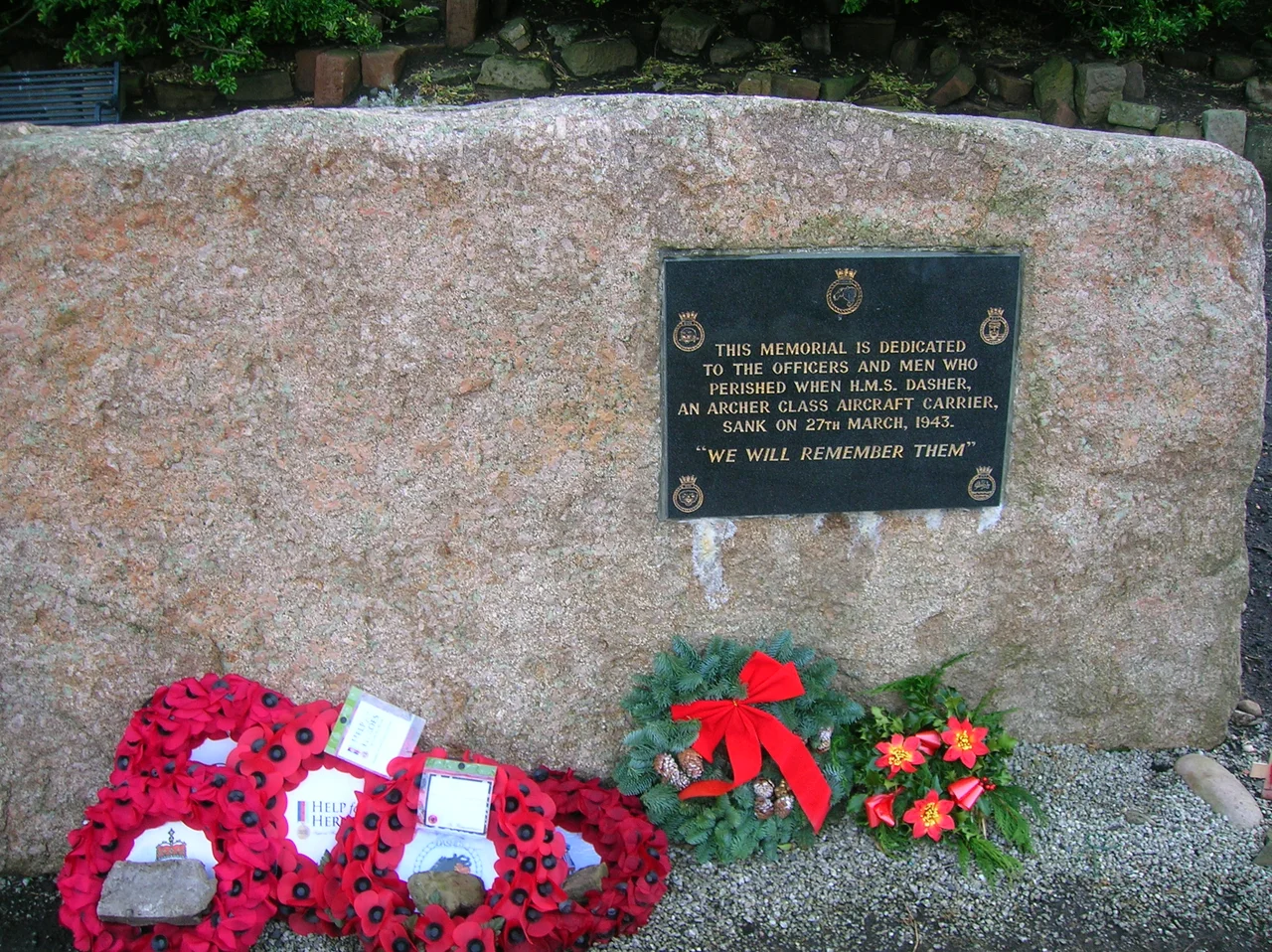 The memorial placque and memorial stone to the victims of the HMS Dasher disaster, North Ayrshire, Scotland. An error is that the ship was an Avenger Class