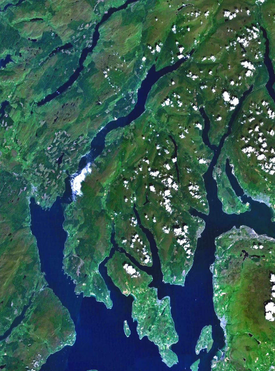 Scotland's Cowal peninsula.
PD Landsat images, prepared using NASA World Wind.