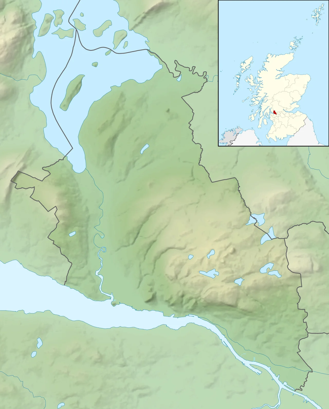 Relief map of West Dunbartonshire, UK.
Equirectangular map projection on WGS 84 datum, with N/S stretched 175%
Geographic limits:
West: 4.67W
East: 4.36W
North: 56.10N
South: 55.88N