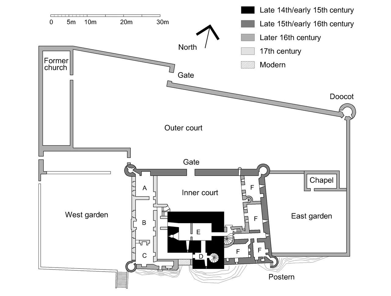Plan of Craigmillar Castle, Edinburgh, Scotland.
Key: A=Kitchen, B=Dining Room, C=Chamber, D=Tower entrance, E=Tower cellars, F=East range cellars