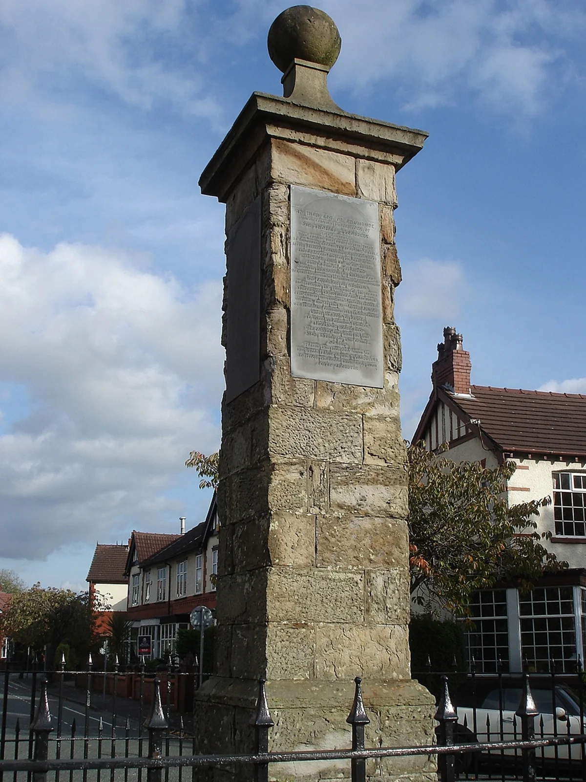 Monument to Sir Thomas Tyldesley, Royalist commander killed at the Battle of Wigan Lane, 25 August 1651. Erected by Alexander Rigby, High Sheriff of Lancashire.
