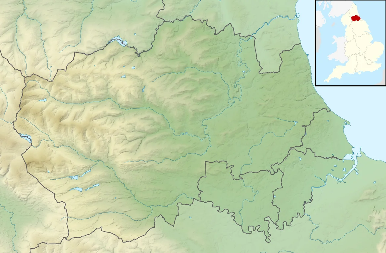 Relief map of County Durham, UK.
Equirectangular map projection on WGS 84 datum, with N/S stretched 170%
Geographic limits:
West: 2.40W
East: 1.05W
North: 54.95N
South: 54.43N