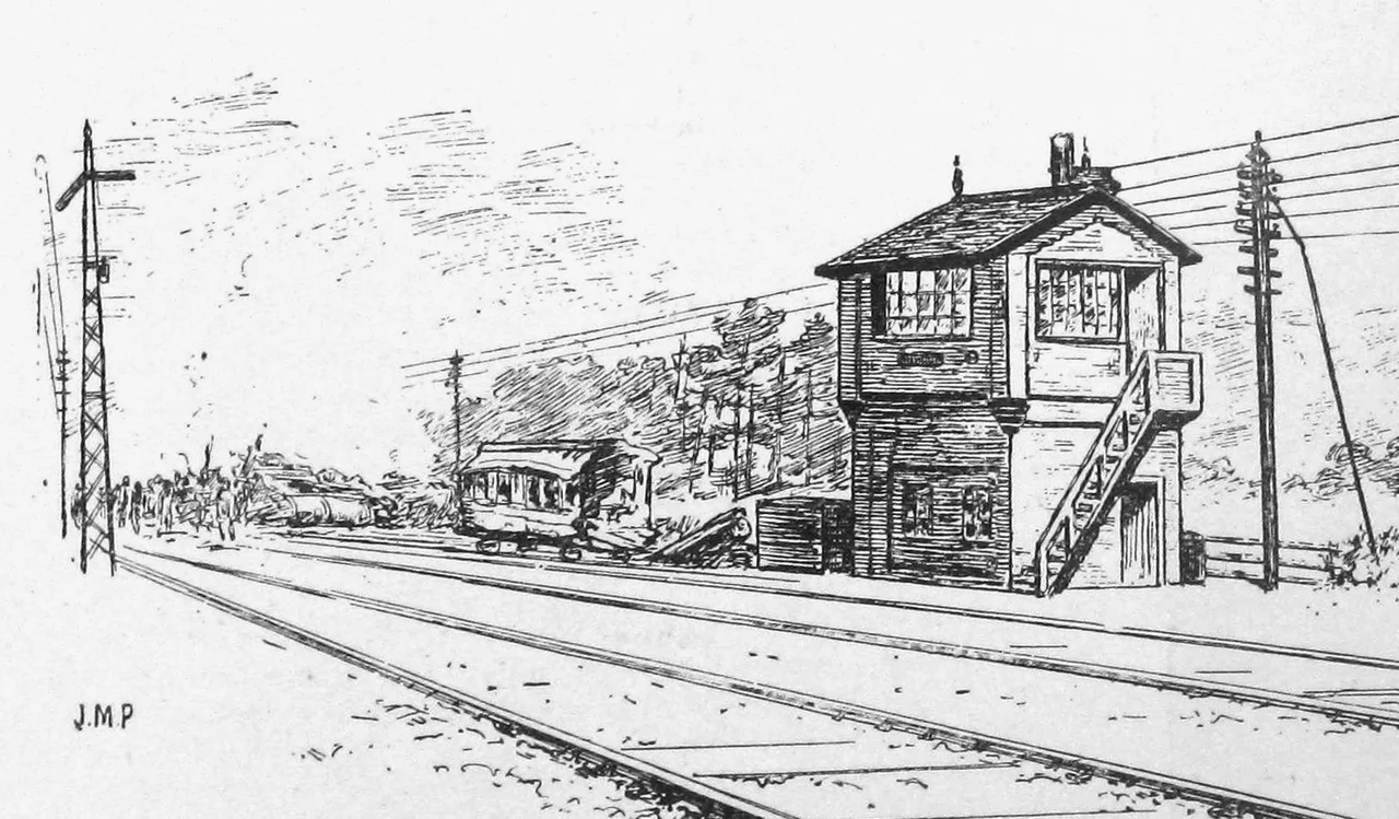 Block signal cabin north of Thirsk, England, where an express passenger train collided with a freight train after the signalman had fallen asleep. He had spent his previous rest day searching for medical help for his infant daughter, who died later that day.