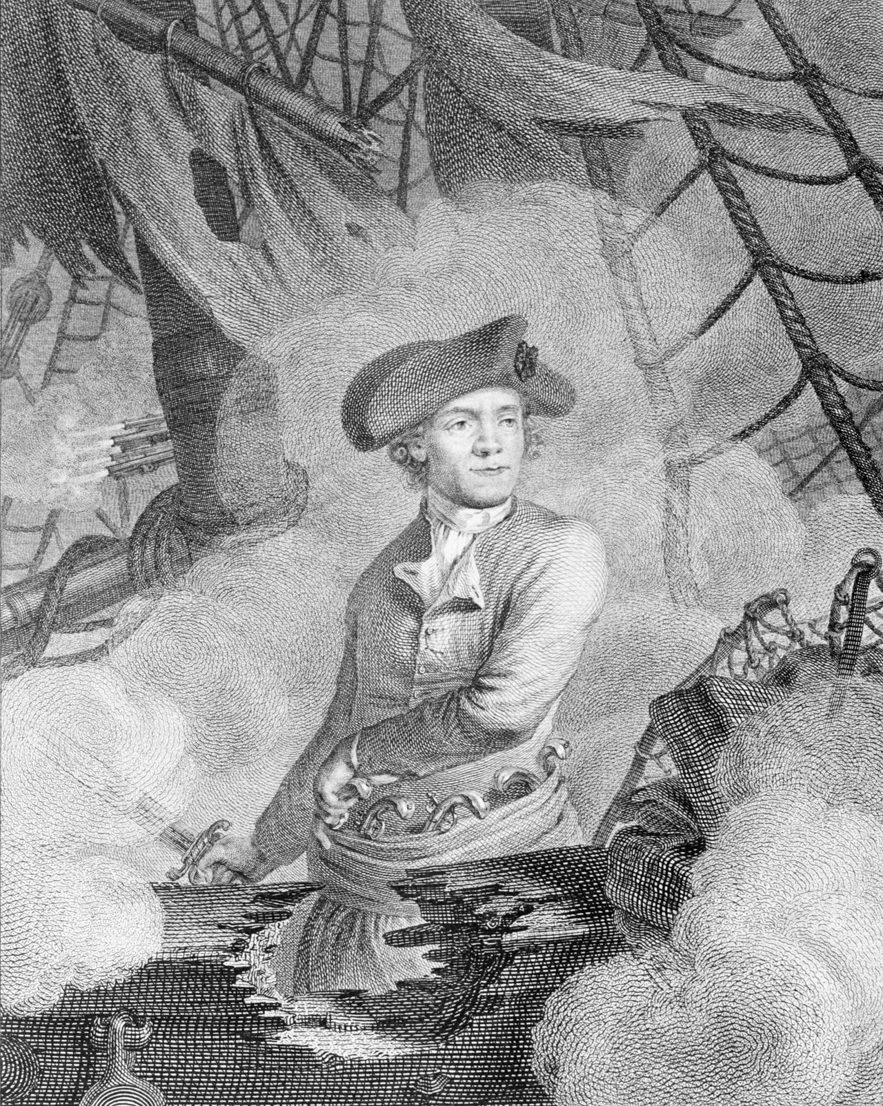 John Paul Jones, commodore au service des Etats-Unis de l'Amérique (commodore of the United States of America) 1 print : engraving. Print shows John Paul Jones, half-length portrait, facing slightly right, standing on board ship during battle, reaching with left hand for one of several pistols at his waist, right hand holds sword.