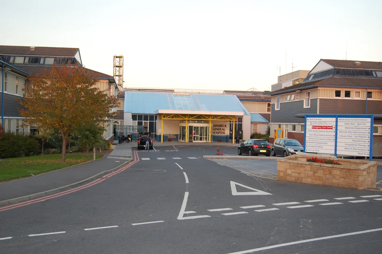 Wansbeck General Hospital, located in Ashington, Northumberland, North East England, United Kingdom: main entrance.