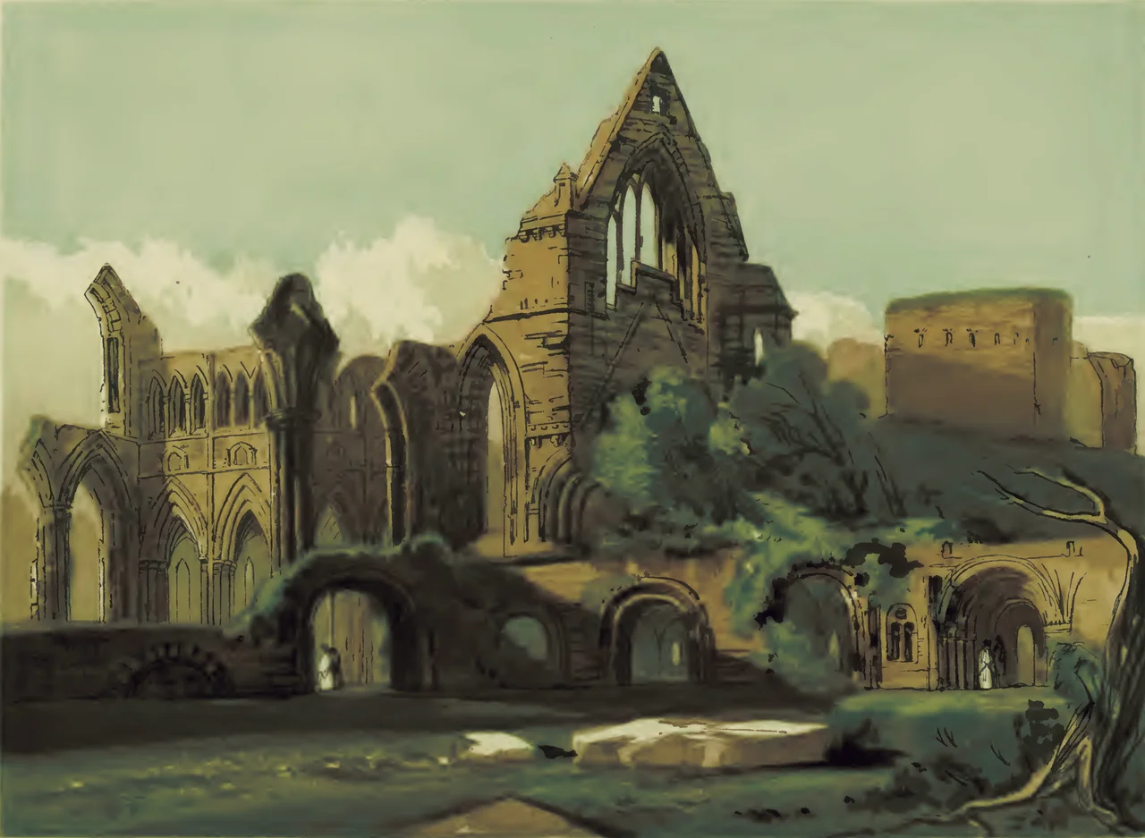 Dryburgh abbey before 1860, from Old England : a pictorial museum of regal, ecclesiastical, municipal, baronial, and popular antiquities (1860?), Charles Knight 1791-1873. After page 202.