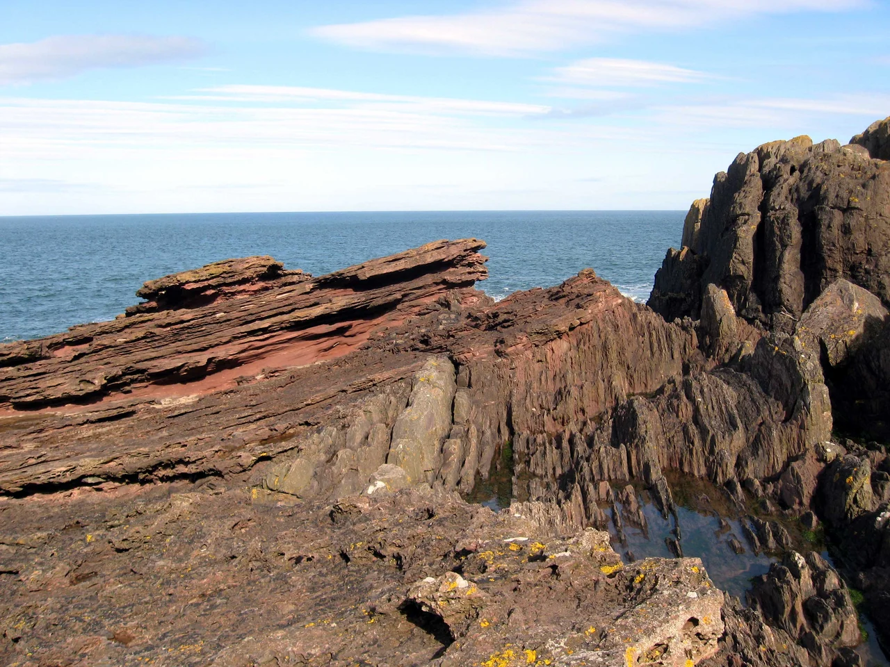 Siccar Point, eroded gently sloping Devonian Old Red Sandstone layers forming capping over conglomerate layer and older vertically bedded Silurian greywacke rocks.