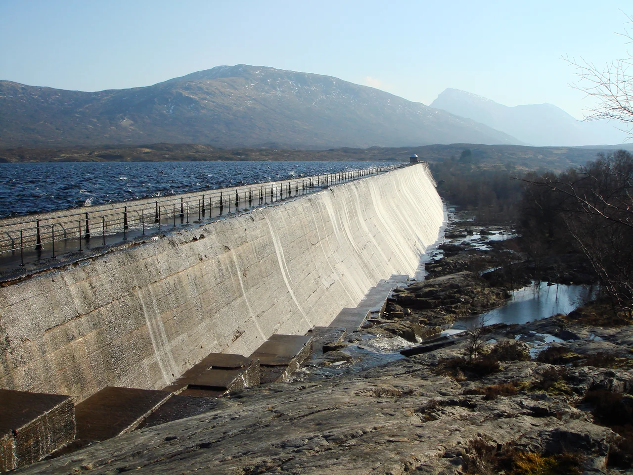 The Blackwater Dam in Kinlochleven overflowing with excess water.