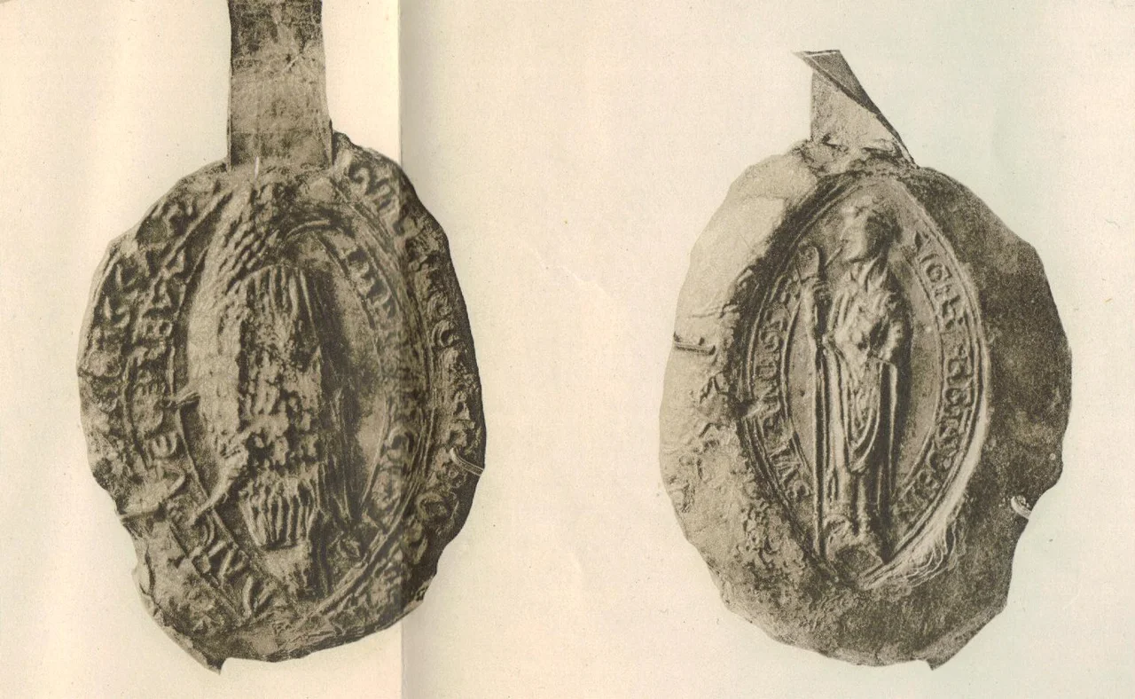Taken from Lindsay, William Alexander, Dowden, John & Thomson, John Maitland (eds.), Charters of Inchaffray Abbey, 1190-1609, Publications of the Scottish History Society, Volume LVI, (Edinburgh, 1908), illus 16; from an original of a charter of indenture between en:Inchaffray Abbey and Brackley Hospital, 1238.