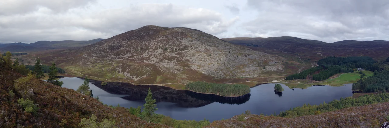 Creag Mhor, of the Monadhliath mountains in the Scottish Highlands, with Loch Gynack in the foreground, as seen from Creag Bheag, near Kingussie.