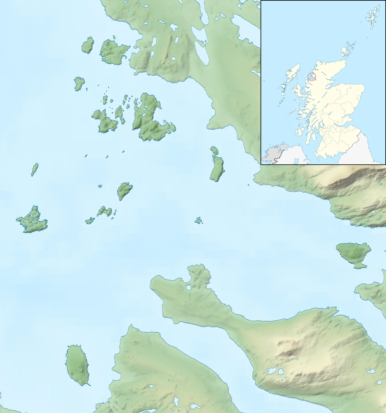 A topographic map of the islands of Loch Broom (The Summer Isles, Gruinard Island, and Isle Martin)
geographic limits:
WEST: -5.540W
EAST: -5.195W
NORTH: 58.070N

SOUTH: 57.865N