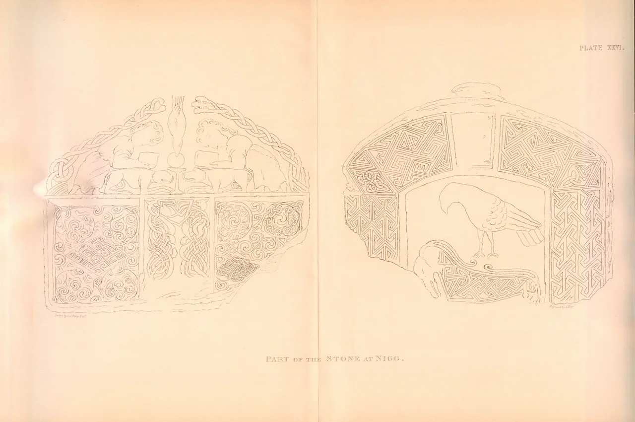 This plate is taken from "A Short Account of some Carved Stones in Ross-shire, accompanied with a series of Outline Engravings" by Charles Carter Petley and published in Archaeologia Scotica or Transactions of the Society of Antiquaries of Scotland, vol IV (1857) Description.