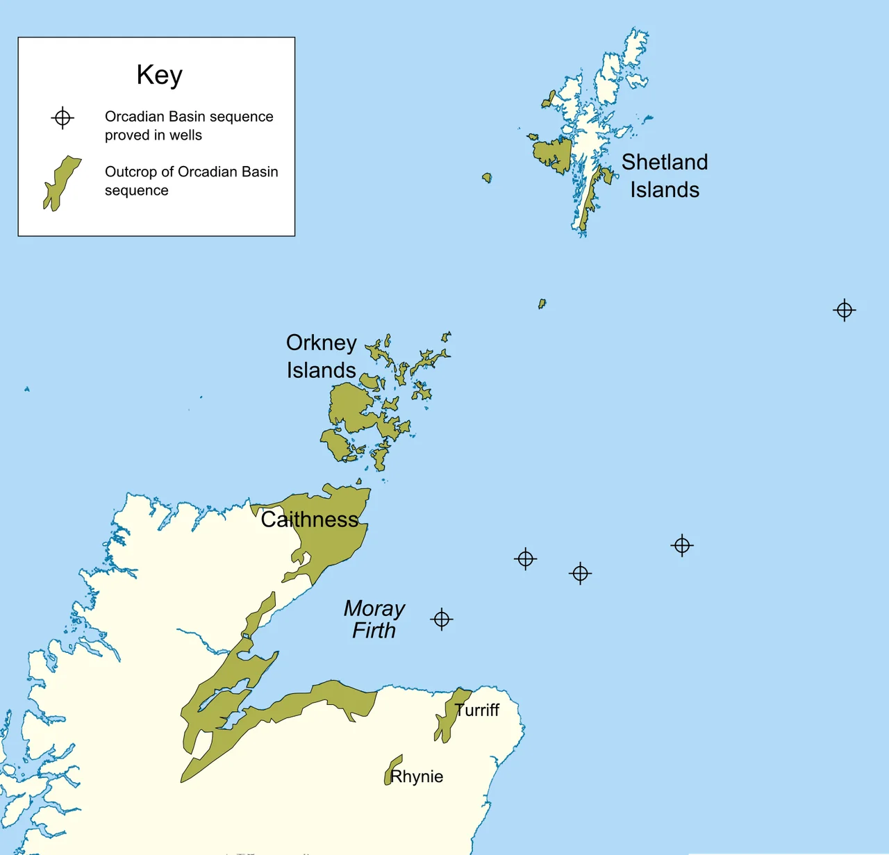The extent of the Orcadian Basin in terms of outcrop and occurrence in offshore hydrocarbon exploration wells - modified after Norton et al. 1987 and Duncan & Buxton 1995