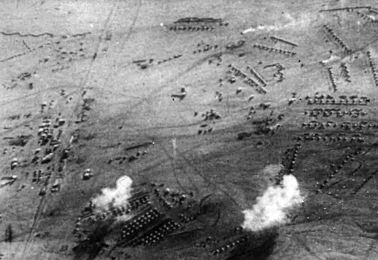 Air raid of a South African military camp at the railway station Tschaukaib (German Southwest Africa), by k. u. k. Lieutenant Fiedler, 17 Dec 1914
