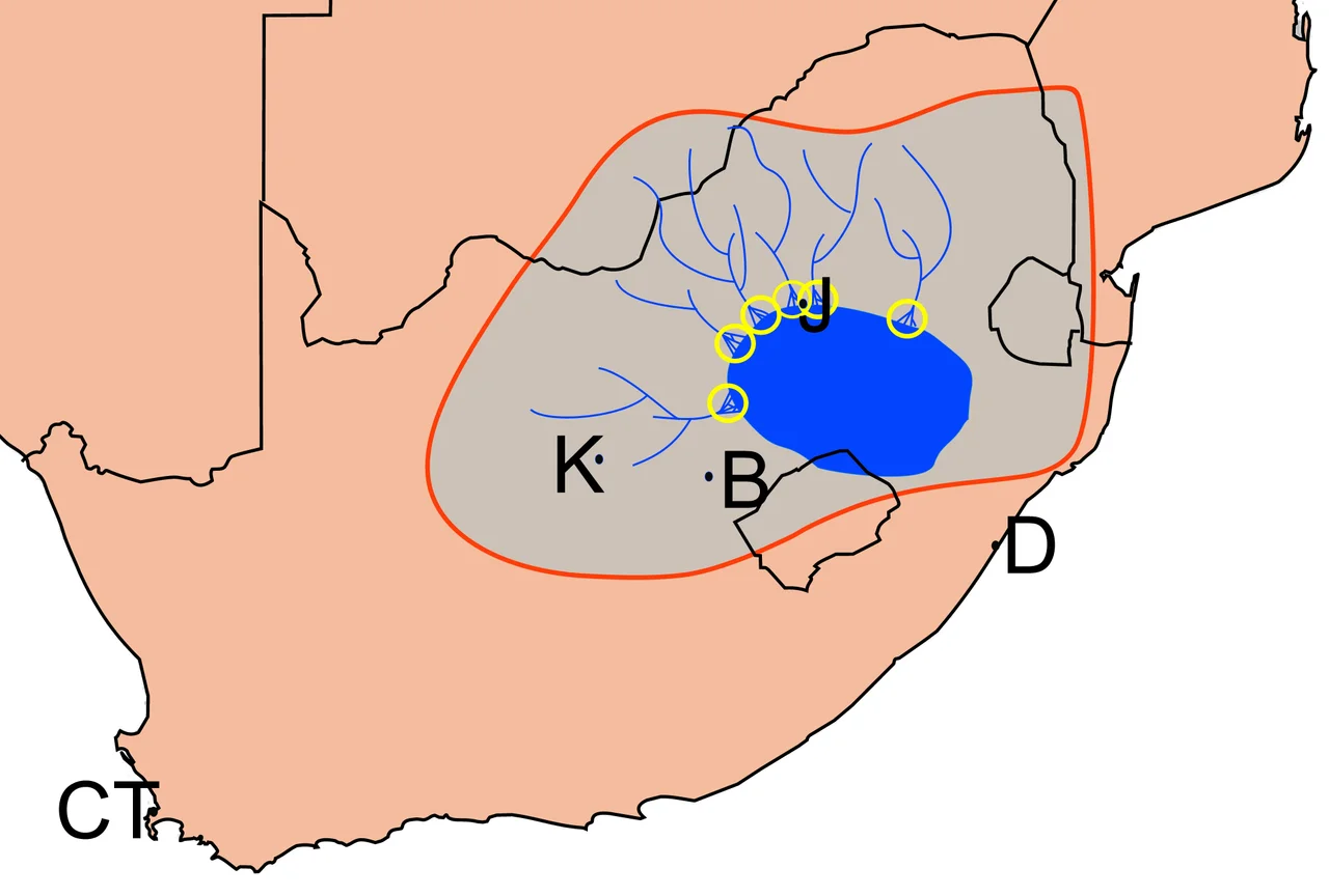 The position of the Kaapvaal Craton (khaki coloured area) beneath the South African landscape, and the shrunken, shallow Witwatersrand Sea (light blue) at the time that the gold was deposited in the broad, river deltas of 6 rivers that flowed into that sea, depositing all their heavier materials (cobbles, gold, uranium iron pyrite etc.) in the braided rivers of the deltas.Most of these gold deposits are deep under the South African surface, but form outcrops (at the surface) south of the Johannesburg City Centre.