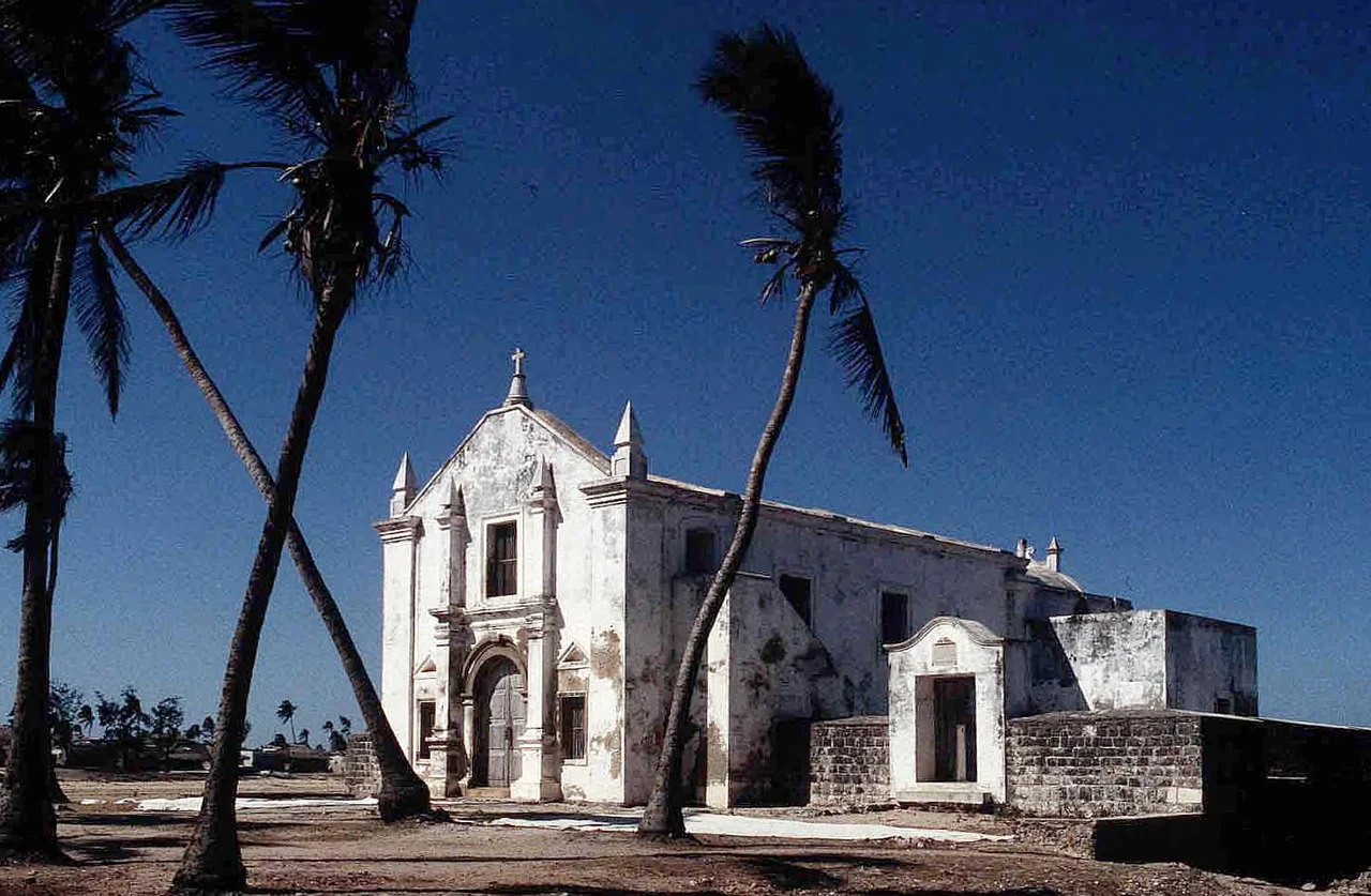 Santo António Church or Chapel. Ilha de Mozambique was first occupied by Portuguese explorers in the late 1400s. They quickly estblished a fort there, and with time quite a community sprang up, including a church, mosque, shops, and residences. This church is one of the architectural remains there. The island, a UNESCO World Heritage Site, is off the eastern coast of Africa and is part of the country of Mozambique.
