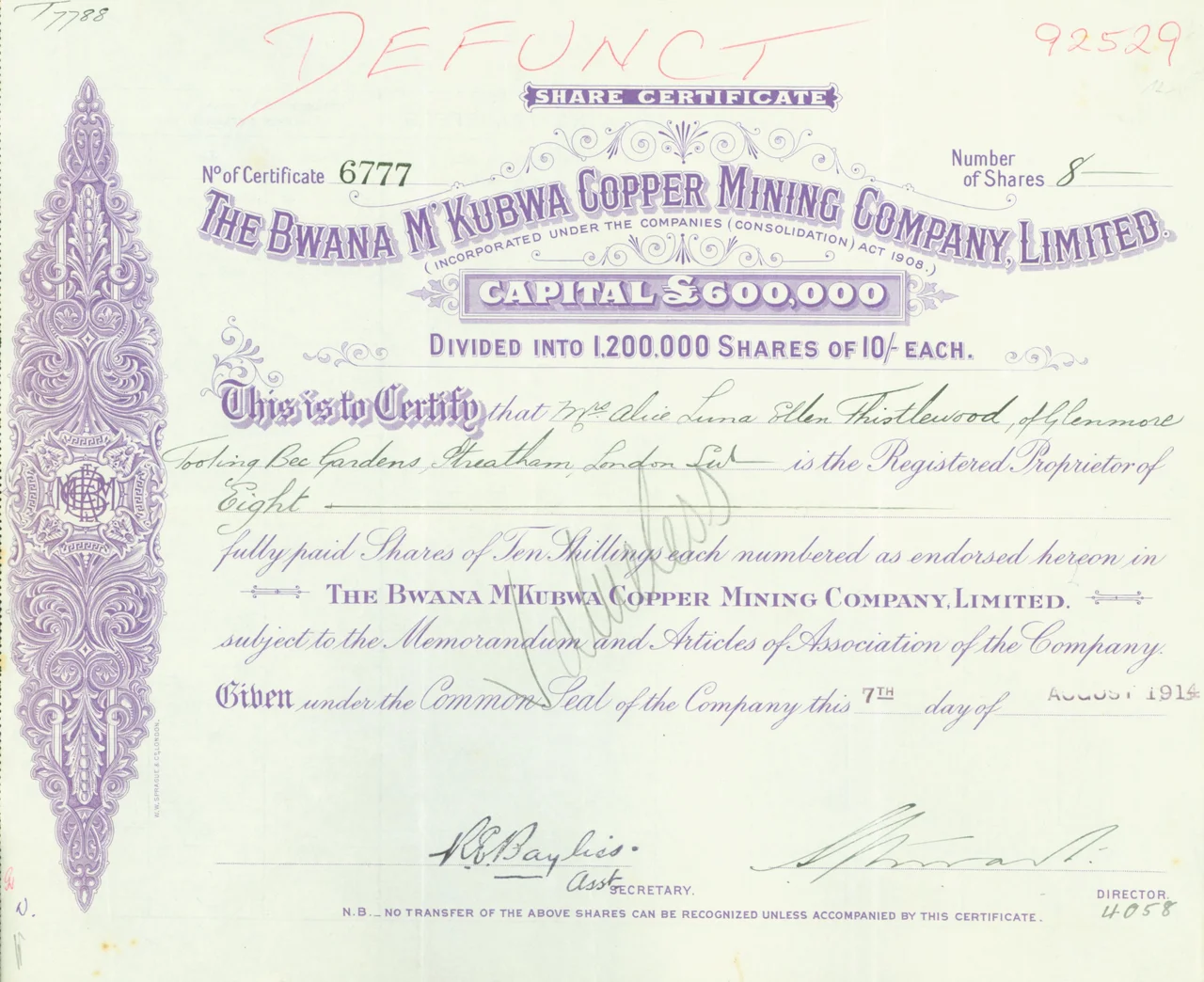 Aktie der Bwana M'Kubwa Copper Mining Company, Ltd. vom 7. August 1914