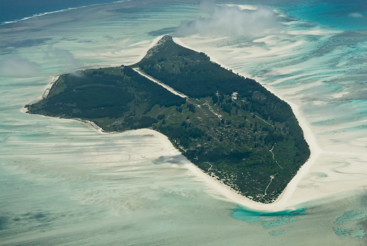 Aerial view of Juan de Nova island in Indian Ocean belonging to Scattered islands, within the territory of the France.