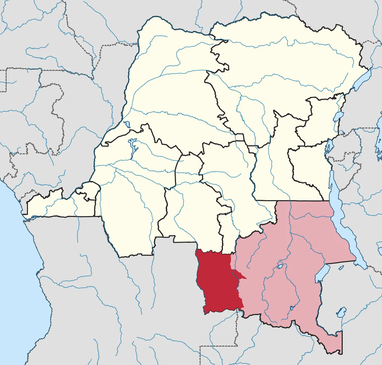 Highlight Lualaba district within Katanga province on map of DR Congo provinces in 2014.