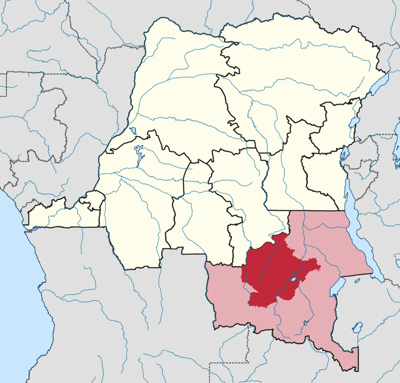 Highlight Haut-Lomami district within Katanga province on map of DR Congo provinces in 2014.
