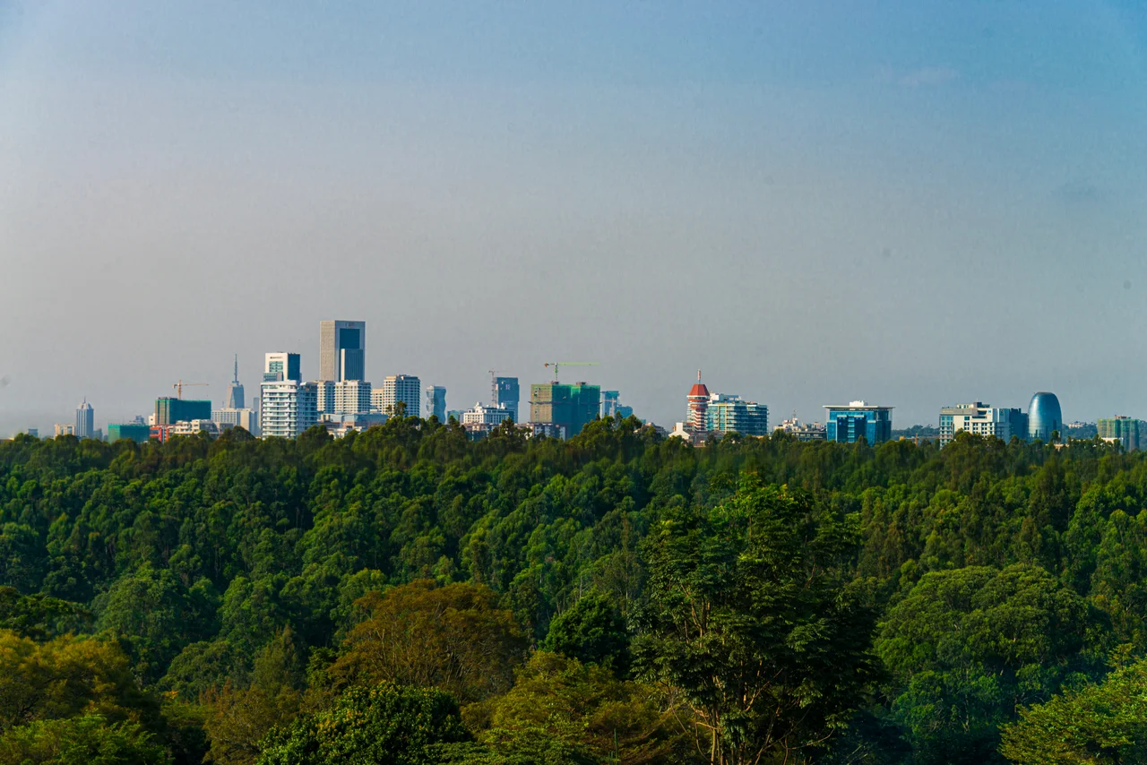 Nairobi skyline, with slight smog layer, seen from the rooftop restaurant at the Gem Hotel in Gigiri