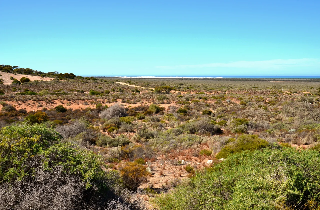 View of the Roe Plains from the Eucla Pass, Eucla, Western Australia. In the centre of the image is the Eyre Highway.