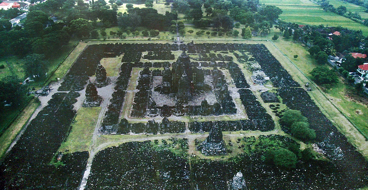 Aerial view of Sewu temple near Prambanan shows the mandala layout of the main temple surrounds by smaller perwara temples.