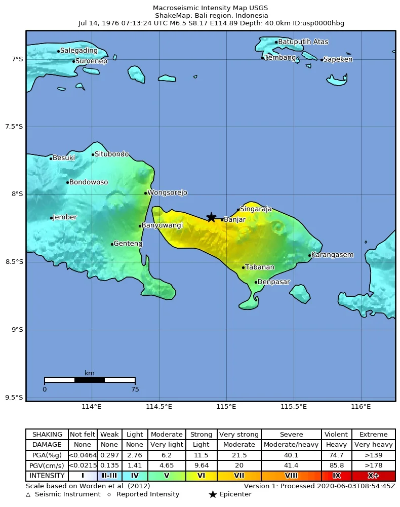 ShakeMap from 1976 Bali earthquake