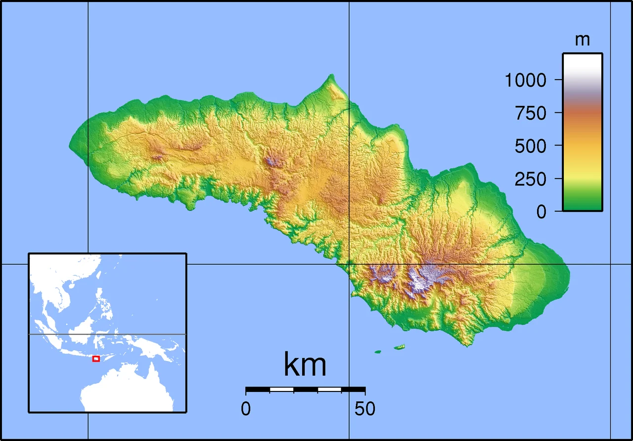 Topographic map of Sumba. Created with GMT from SRTM data.